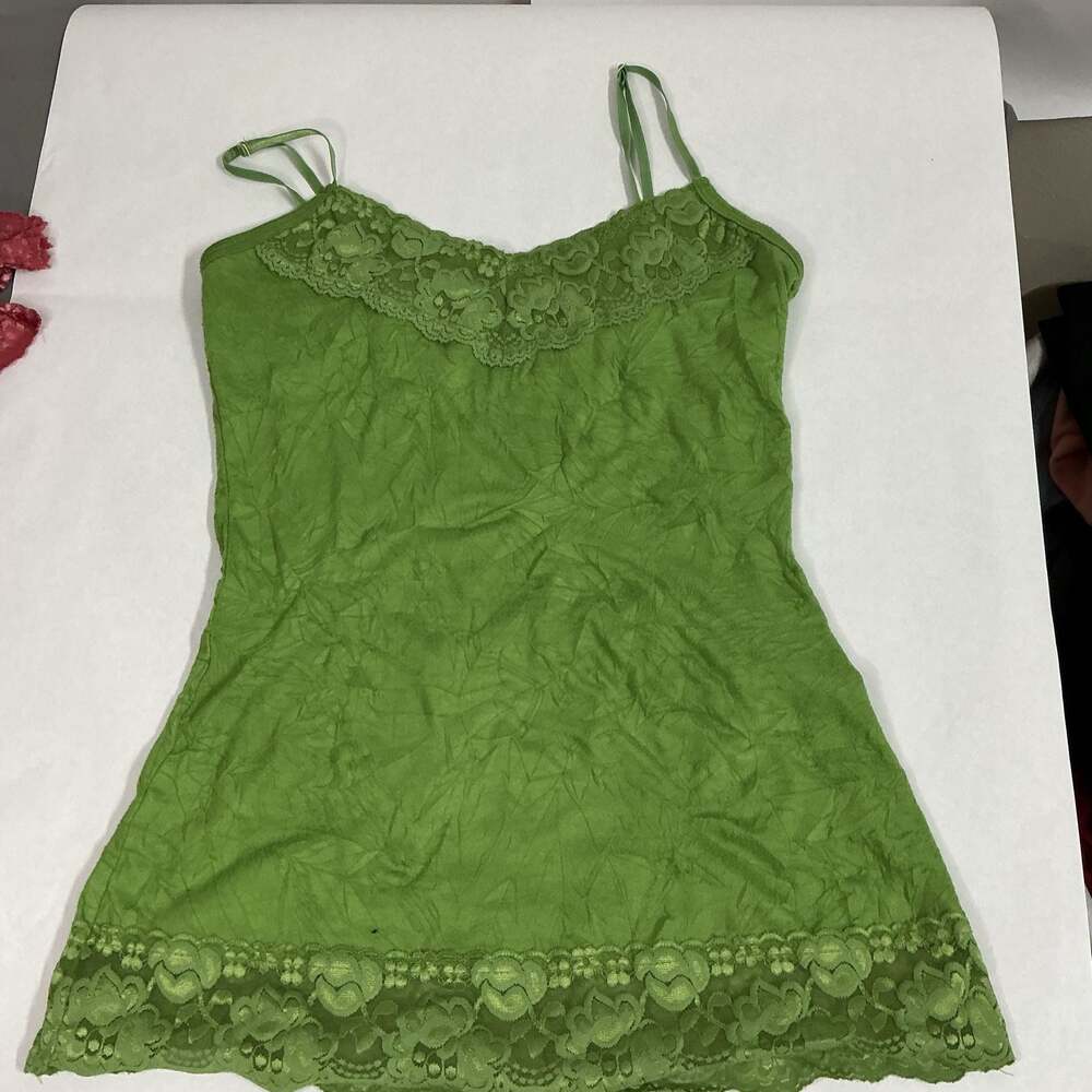 Vintage Y2K maurices Women's Green Textured Camisole with Lace Trim